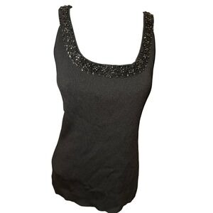 Cache Black Beaded Square Neck Tank Top Ribbed Embellished Back Detail festive L